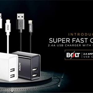 Intex Bolt 2.4A Dual Port fast Charger USB Wall Adapter With Micro USB Cable BIS Approved (white)
